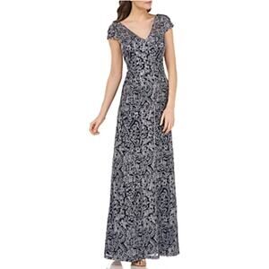 JS Collections Embroidered Lace Short Sleeve Evening Gown Blue Size 6 Dress